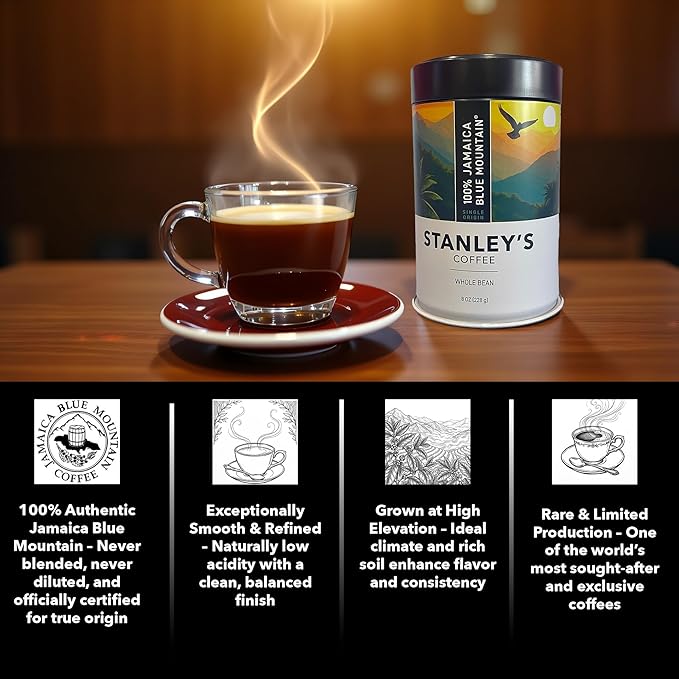 Stanley's Coffee - 100% Jamaica Blue Mountain Coffee Authentic Whole Bean Medium Roast Certified Single Origin Gourmet Jamaican Coffee Beans Premium Gift for Coffee Lovers 8oz