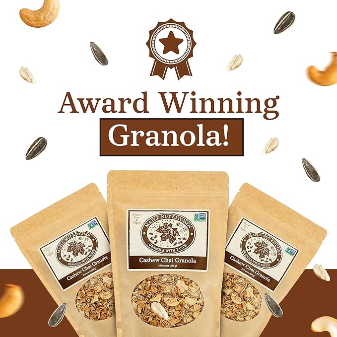 Maple Nut Kitchen Gluten Free Chai Granola with Cashews 3 Pack – Certified Gluten Free Oats Shredded Coconut Sunflower Seeds Maple Syrup – Healthy Low Sugar Breakfast Cereal Crunchy Natural Granol