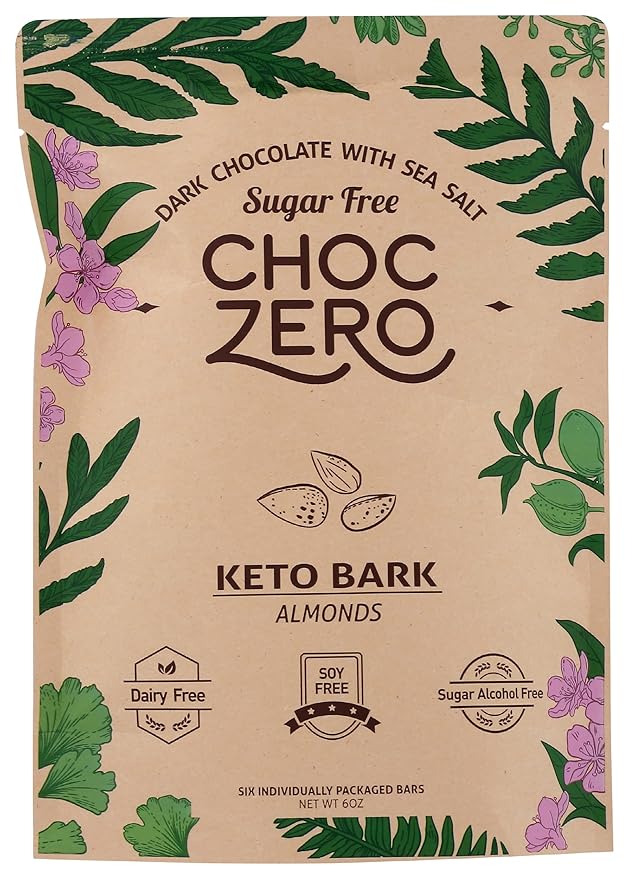 Choczero Dark Chocolate Almonds with Sea Salt Keto Bark Sugar Free Dairy Free 6 Ounce (Pack of 12)