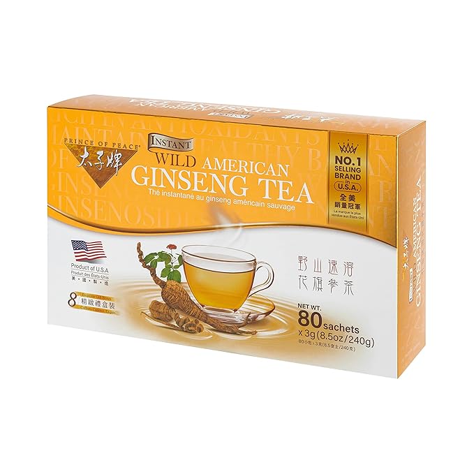 Prince of Peace Instant Wild American Ginseng Tea 80 Sachets – Healthy Drink Caffeine-Free Energy-Boosting Heavy Antioxidants Plant Extract
