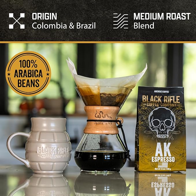 Black Rifle Coffee Company AK Espresso 5 lb Bag Ground Coffee Medium Roast - Roasted Blend Made from Arabica Beans - Colombian &amp Brazilian Beans - Veteran Founded &amp American Made
