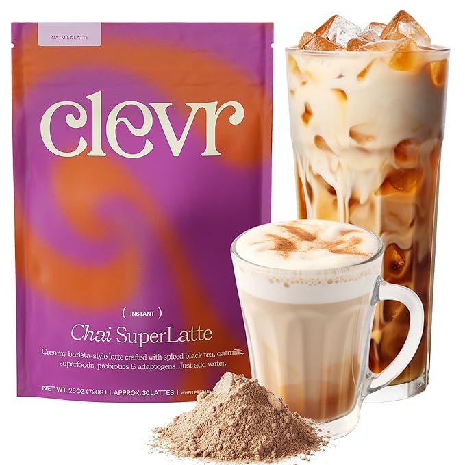 Clevr Chai Tea Latte Instant Superfood Powder Blend with Oat Milk Lions Mane Reishi Mushroom Black Tea Organic Spices Coconut Cream Ashwagandha Oprah’s Favorite Things 2022 (30 Lattes)
