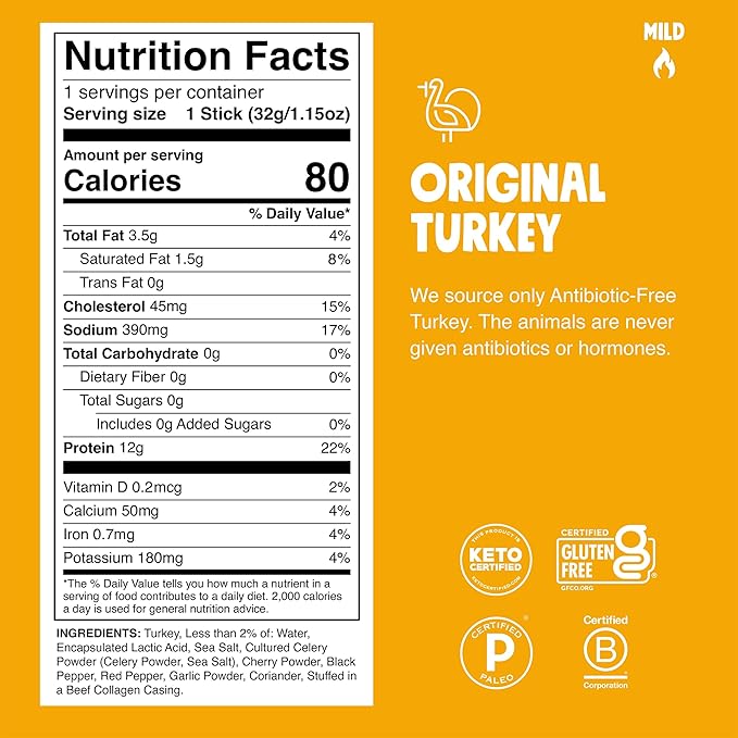 Chomps Original Turkey Jerky Snack Sticks Keto Paleo Whole30 Approved Gluten Free 1.15oz (24 Pack)