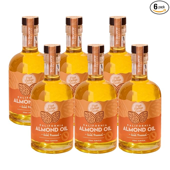 Fresh Vintage Farms 100% Cold Pressed Sweet Almond Oil | Nutrient-Rich Healthy Cooking Oil for Cooking Baking Grilling Dipping &amp Salads | Cold Pressed Almond Oil - 12.68 Fl oz Pack of 6