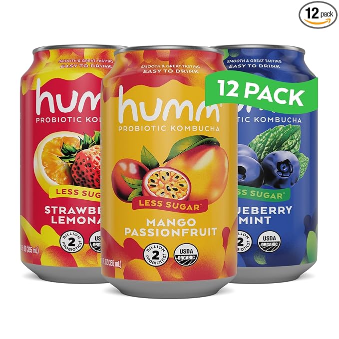 Humm Probiotic Kombucha The Original Variety 12 Pack Organic 2 Billion Probiotics for Gut Health Mango Passionfruit Blueberry Mint and Strawberry Lemonade