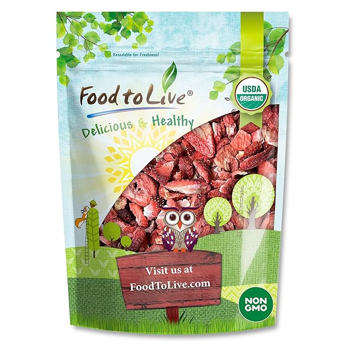 Food to Live Organic Freeze-Dried Strawberries 4 Ounces – 100% Natural Berries No Sugar Added Vegan and Nutritious Snack – Perfect for Smoothies and Baking Non-GMO Kosher Bulk