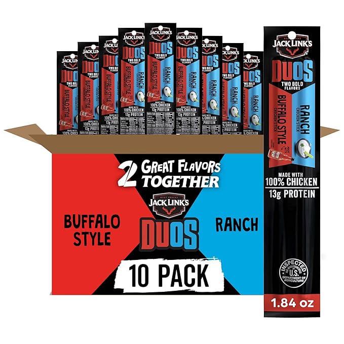 Jack Link's DUOs Chicken Jerky Meat Snack Sticks with 13g Protein - Frank's RedHot Buffalo Style With Creamy Ranch Made with 100% Chicken Two Flavors in One Package 1.84oz (10 Pack of 2 Sticks)