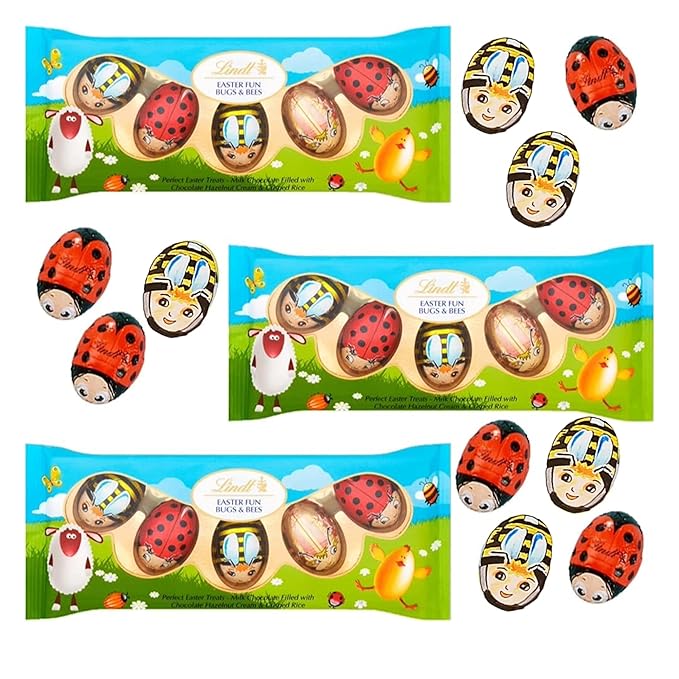 Lindt Easter Chocolate Bulk Buy - Pack of 3 x 50g Milk Chocolate Bugs &amp Bees Filled with Hazelnut Cream and Crispy Rise Chocolate Bulk for Easter Gifts Easter Egg Hunt Party Bag Fillers or Hampe