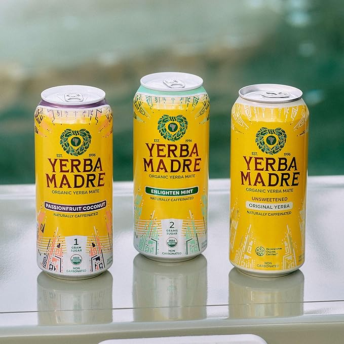 Yerba Madre Organic Yerba Mate Energy Drink Alternative Unsweetened Original Yerba 150mg Plant Based Caffeine Smooth Energy &amp Focus No Jitters or Crash 15.5oz Cans (Pack of 12)