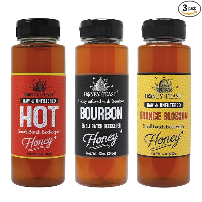 HONEY FEAST Gourmet Trio for the Grill – Includes 12oz Hot Bourbon and Orange Blossom Honey – For Grilling Marinades and Everyday Cooking