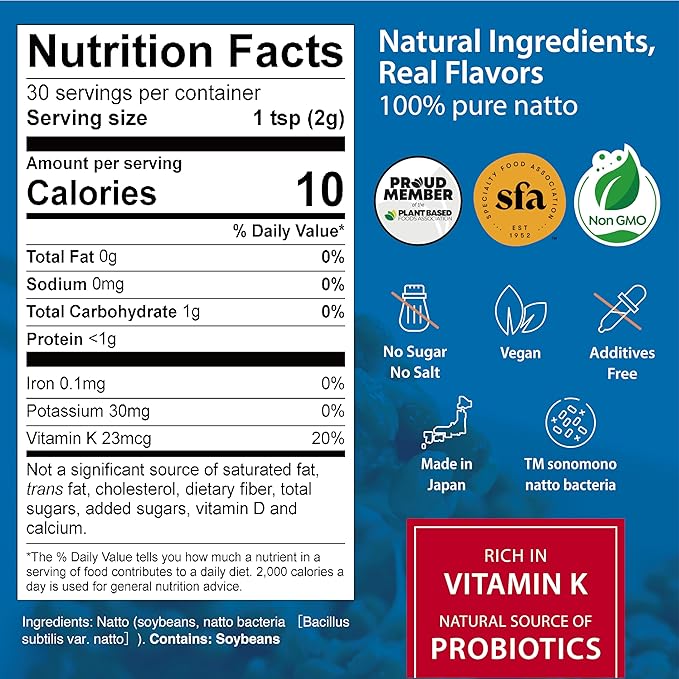 sonomono Japanese Natto Classic Flavor Fermented Soybean Powder. Traditional superfood Freeze-Dried Non-GMO Vegan. Natural Source of Probiotics Prebiotics Vitamin K. Made in Japan 60 g
