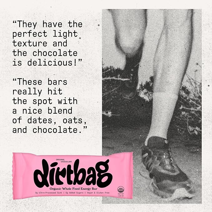 Dirtbag Bar Organic Whole Food Energy Bar with Clean Plant Protein Original Chocolate 8 Pack Dates Oats Nuts 100% Dark Chocolate NO Ultra-Processed Gunk Vegan &amp Gluten Free.