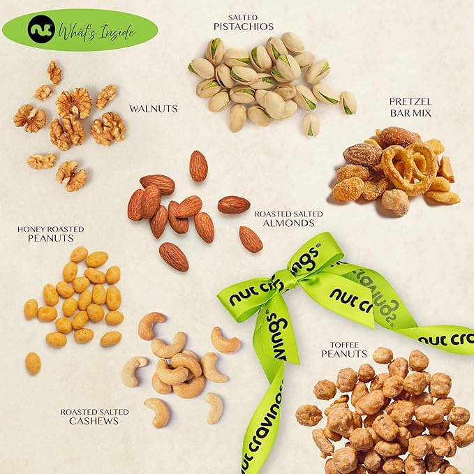 NUT CRAVINGS - Easter Mixed Nuts Gift Basket + Green Ribbon (7 Assortments 1 LB) Ramadan Gifts Treats for Adults Food Arrangement Healthy Snack Care Package Kosher