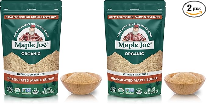 Maple Joe Organic Maple Sugar Granulated Made With 100% Grade A Organic Maple Syrup. Powdered Maple Sugar For Cooking &amp Baking. Fat-Free Gluten Free &amp Vegan. 7.8 oz (Pack of 2)