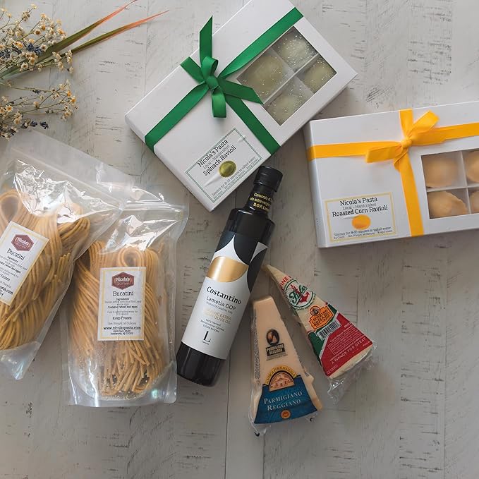 Authentic Cacio e Pepe Bundle with Roasted Corn Ravioli Handmade Bucatini DOP Pecorino Romano &amp Parmigiano Reggiano DOP Extra Virgin Olive Oil – Italian Gourmet Meal