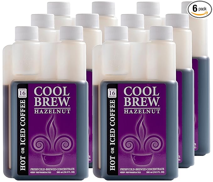 CoolBrew Hazelnut 6 Pack - 16 DRINKS PER BOTTLE - Fresh Cold Brew Liquid Concentrate - For Iced or Hot Coffee Unsweetened No Preservatives