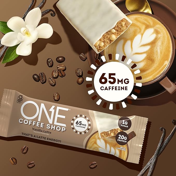 ONE Protein Bars Peanut Butter Cup Gluten Free Protein Bar with 20g Protein and only 1g Sugar &amp Coffee Shop Protein Bars + Caffeine Vanilla Latte Gluten Free with 20g Protein and 1g Sugar