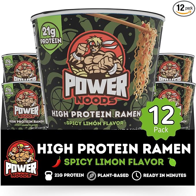 Power Noods High Protein Ramen Noodles - 12 or 6 Pack | Protein Ramen Cups for Lunch or Dinner | Better for You Plant-Based Instant Meal | Spicy Limon