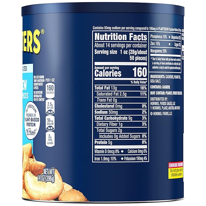 PLANTERS Lightly Salted Cashew Halves &amp Pieces 14 oz Canister (Pack of 3) Cashews Roasted in Peanut Oil with Sea Salt Snacks for Adults Resealable Lid for Long-Lasting Freshness Kosher