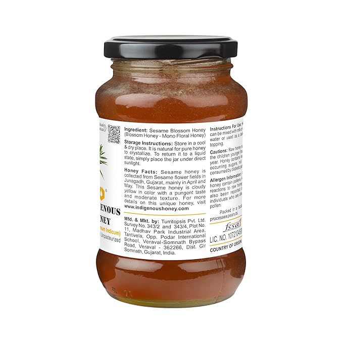 INDIGENOUS HONEY Sesame Til Honey Raw Organic Natural Pure Unprocessed NMR Tested Unpasteurized Unheated 530g Glass Jar Pack of 1