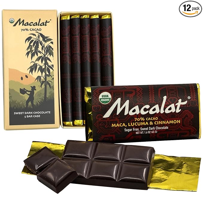 Macalat Original Sugar-Free Sweet Dark Chocolate 70% Peruvian Organic Cacao Bar with Lucuma and Cinnamon Sweetened with Allulose and Monkfruit Chocolate Bar Vegan Non-GMO 1.5 oz