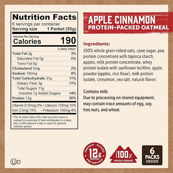 Kodiak Cakes Instant Oatmeal Packets Apple Cinnamon High Protein 100% Whole Grains 6 boxes with 6 packets each (36 packets)