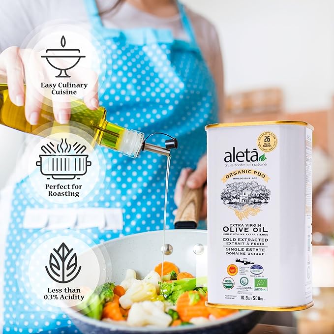 Aleta Farms Olive Oil Extra Virgin USDA Organic Single Estate PDO Polyphenol Rich Olive Oil Cold Pressed Global Gold Awards EVOO Kosher. 16.9 Fl Oz (Pack of 1)