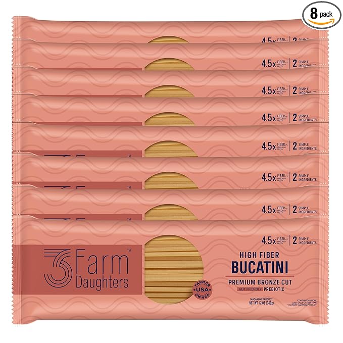 Three Farm Daughters High Fiber Pasta Bucatini Pack Irresistible Low GI Non GMO Bucatini Pasta Noodles Low Net Carb Made in the USA from Just 2 Simple Ingredients 12 oz. (8 Pack)