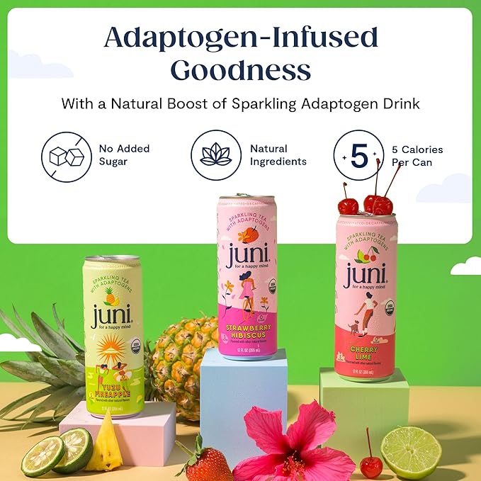Juni Sparkling Adaptogen Drink for Mood and Focus with Ashwagandha Lion's Mane &amp Reishi Mushrooms Green Tea Caffeine All Flavors 24-Pack