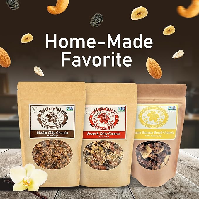Maple Nut Kitchen Artisanal Granola Variety Pack - Maple Banana Bread Mocha Chip Sweet and Salty | 10 oz Each | Gluten-Free Vegan Delicious Breakfast Treats | 3-Pack
