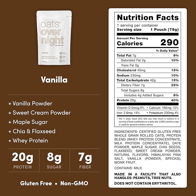Oats Overnight Vanilla - Overnight Oats with 20g Whey Protein High Fiber Breakfast Protein Shake - Gluten Free Oatmeal Non GMO High Protein Oatmeal (2.8 oz per Meal) (16 Pack)