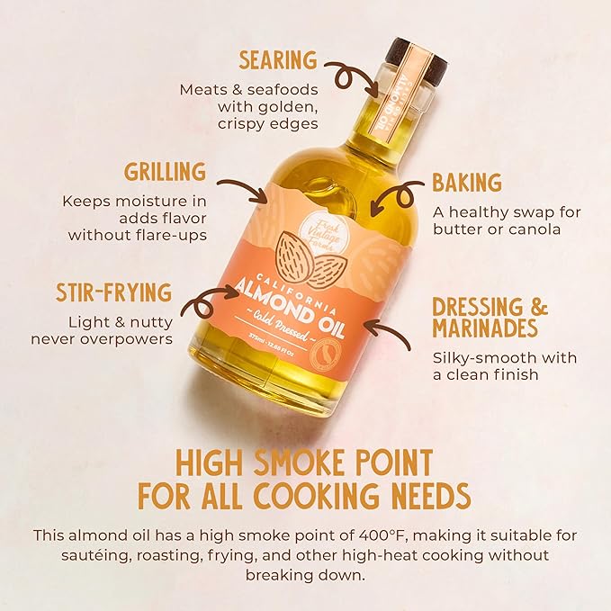 Fresh Vintage Farms 100% Cold Pressed Sweet Almond Oil | Nutrient-Rich Healthy Cooking Oil for Cooking Baking Grilling Dipping &amp Salads | Cold Pressed Almond Oil - 12.68 Fl oz Pack of 6
