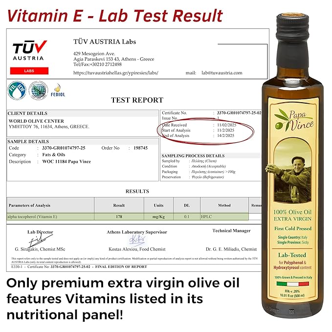 Papa Vince Olive Oil Extra Virgin - First Cold Press Family Harvest 2024/25 Polyphenol Rich Subtle Peppery Finish Unrefined High in Monounsaturated Fat No Pesticides No GMO Sicily Italy