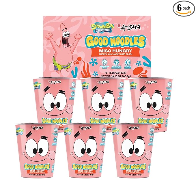 A-Sha &amp SpongeBob Squarepants Good Noodles (6 Pack) | Patrick Star Miso Hungry Flavor | Better For You Microwaveable Ramen Soup Mix