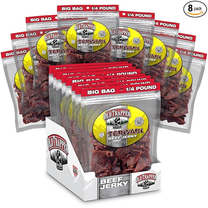 Old Trapper Beef Jerky Teriyaki 1/4-Pound Individual Package Savory and Sweet Meat Snack for Lunches or Between Meals 11 Grams of Protein Zero Grams of Fat 70 Calories per Serving (Pack of 8)