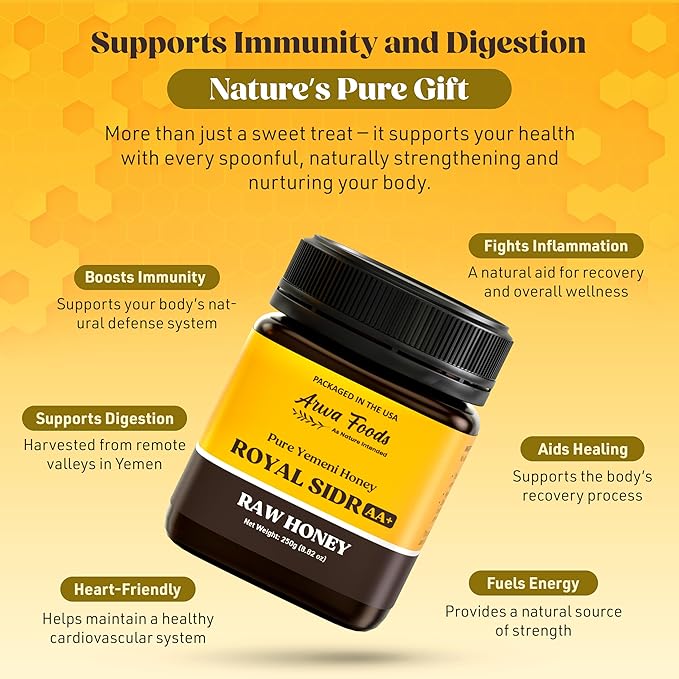 Arwa Foods Royal Sidr AA+ Raw Honey - Royal Yemeni Raw honey from Wadi of Douan - 100% Unfiltered Raw &amp Pure Honey - Sealed &amp Packaged in USA (8.82 oz)