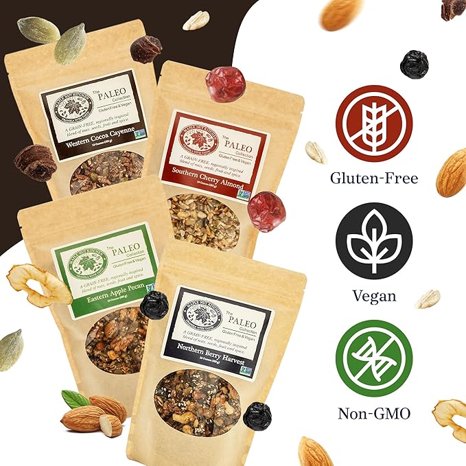 Maple Nut Kitchen Paleo Granola Variety Pack - High Protein Gluten-Free Vegan - Southern Cherry Almond Northern Berry Harvest Western Cocoa Cayenne Eastern Apple Pecan - 10 oz Each (The PALEO Col