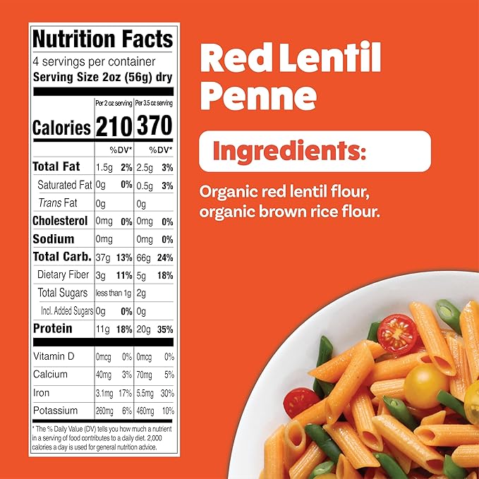 EXPLORE CUISINE Organic Red Lentil Penne - High Protein &amp Fiber Gluten Free Pasta Easy to Make - Organic Non GMO - 24 Total Servings 8 Ounce (Pack of 6)