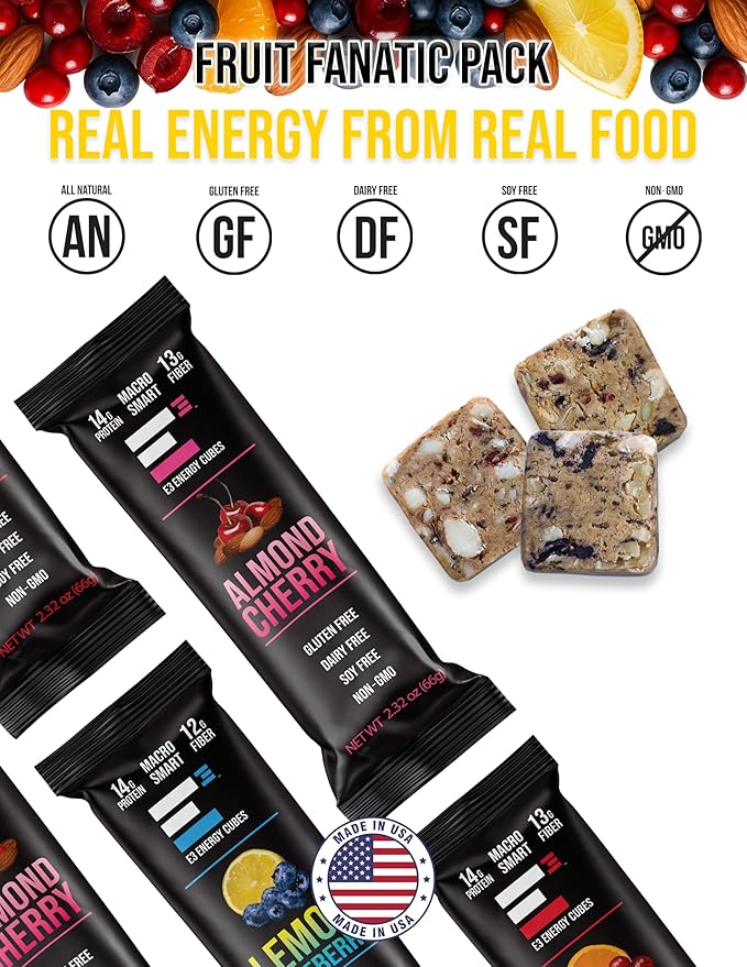 E3 Energy Cubes- Fruit Fanatic Variety Pack - Almond Cherry Orange Cranberry &amp Lemon Blueberry Refrigerated Protein Bars - 66g Protein Per Bar | Gluten Free Dairy Free Soy Free Non-GMO No Ar