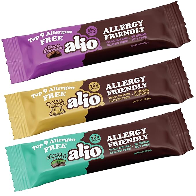 Alio Protein Bars - 3-Flavor Combo Box (12 Bars) – Free From The Top 9 Food Allergens High Protein Low-Calorie Vegan Gluten-Free Nut-Free Non-GMO Plant-Based Seed Oil Free Delicious &amp Hea