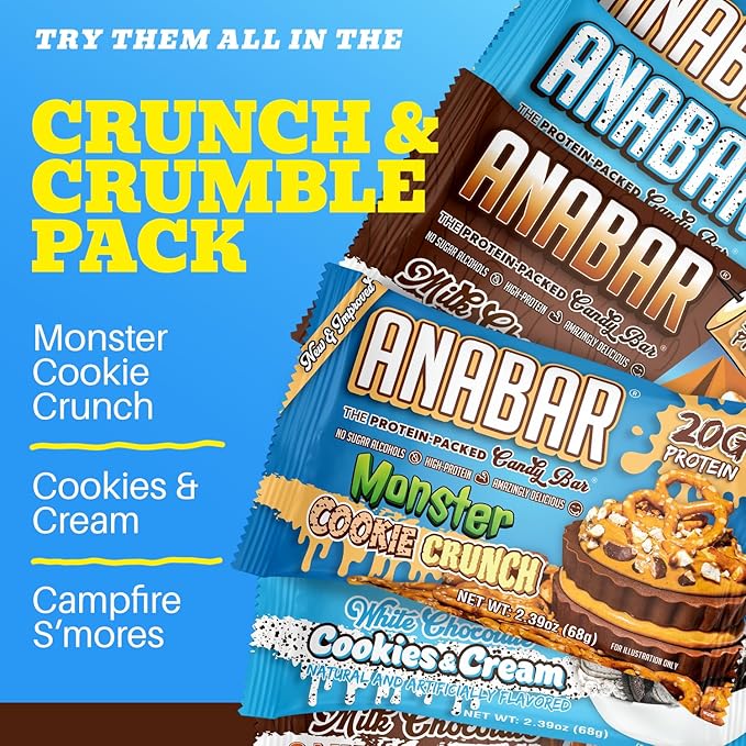 Anabar Protein Bar The Sampler Pack The Protein-Packed Candy Bar World's Best Tasting Protein Bar No Sugar Alcohols High Protein Amazingly Delicious 20 Grams of Protein (6 Bars Crunch &amp Cr