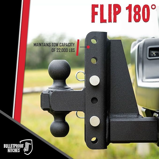 BulletProof Hitches - 3.0 Adjustable Heavy Duty Trailer Hitch (22000 lb. Rating) - 8 Drop/Rise Trailer Hitch with 2 &amp 2-5/16 Dual Ball - Powder Coat Solid Steel Corrosion-Resistant