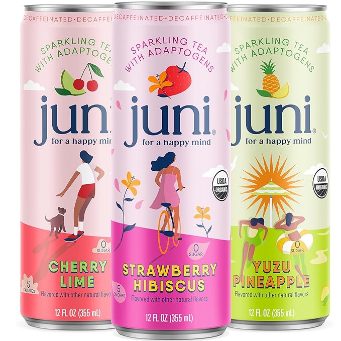 Juni Sparkling Adaptogen Drink for Mood and Focus with Ashwagandha Lion's Mane &amp Reishi Mushrooms Green Tea Caffeine All Flavors 24-Pack