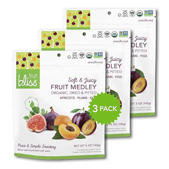 Fruit Bliss Dried Fruit Mix – Fruit Medley of Organic Dried &amp Pitted Apricots Plums &amp Figs - Organic Fruit Snacks Dried Fruit Snacks Resealable Pouches Gluten-Free Vegan Snacks (3 Pack 5o