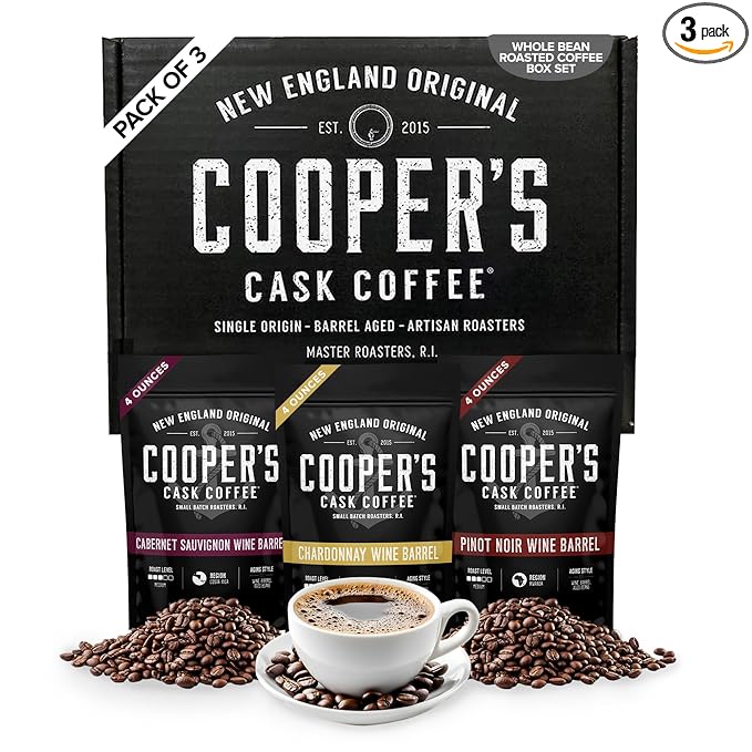 Wine Barrel Aged Coffee Gift Box Set Sampler Roasted Coffee Costa Rica Kenya &amp Rwanda Beans Aged In Cabernet Sauvignon Chardonnay &amp Pinot Noir Wine Barrels Medium Roast Whole Bean 4 oz