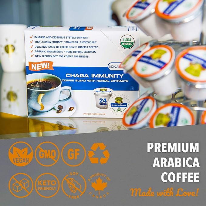 SOLLO Chaga Mushroom Infused Coffee Pods Boost Focus &amp Immunity Memory &amp Clarity Medium Roast Compatible With 2.0 K-Cup Keurig Brewers Organic by USDA No After Taste 24 Ct