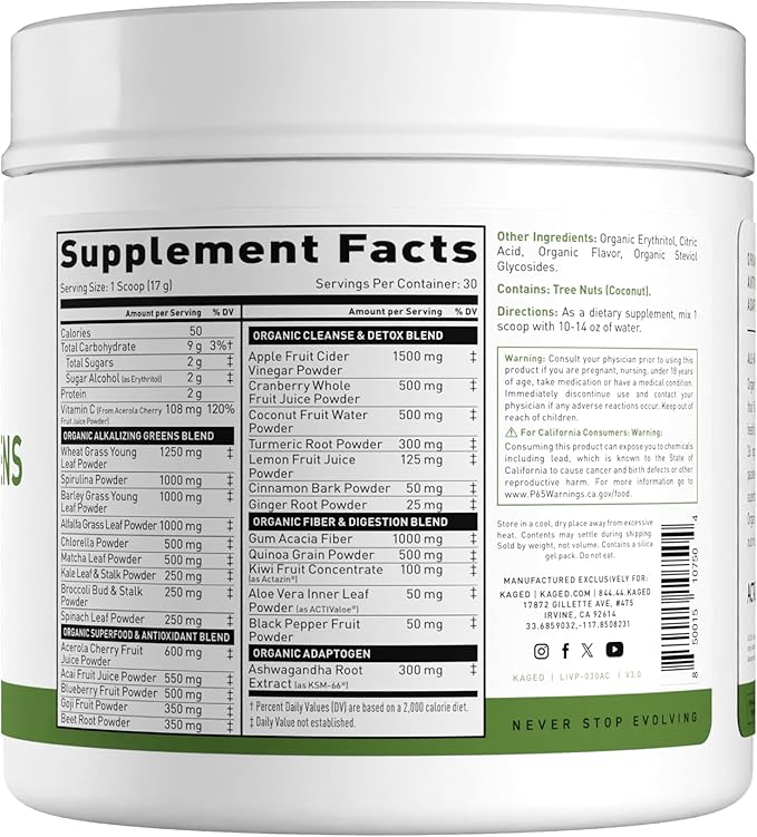 Kaged Organic Greens Powder | Apple Cinnamon | Outlive 100 Superfood &amp Greens Powder | Apple Cider Vinegar Supergreens Ashwagandha | Vitamins &amp Minerals | Supplements for Men &amp Women | 3