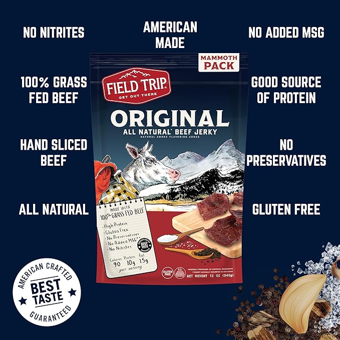 Field Trip Beef Jerky Gluten Free Jerky Low Carb Healthy High Protein Snacks with No Nitrates Made with All Natural Ingredients Original 12oz Bulk Bag