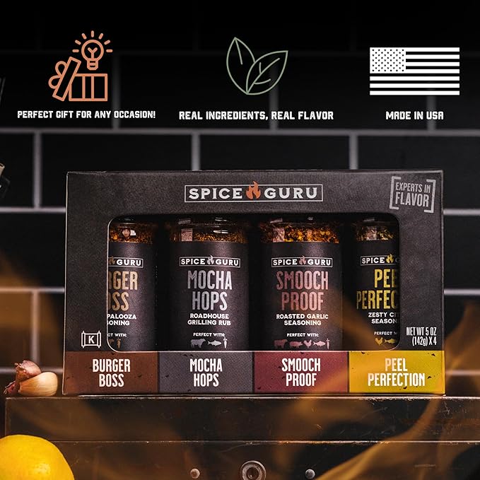 Spice Guru Grill Seasoning Gift Set - 4 Flavor BBQ Seasonings and Rubs - Christmas Gifts for Men Who Cook - BBQ Rub Gift Set - Christmas Grilling Gifts for Men - Gifts for Dad - Gifts for Him