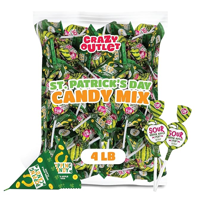 St Patrick's Day Candy Mix - 4 Pound Bulk Pack - Sour Apple Popping Rocks and Gum-Filled Lollipops - Individually Wrapped Party Favors &amp Goodie Bags Fillers - Sour Candy